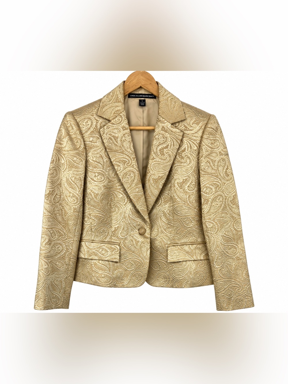 Linda Allard Ellen Tracy Elegant Metallic Gold Paisley Women's Blazer - Size 6